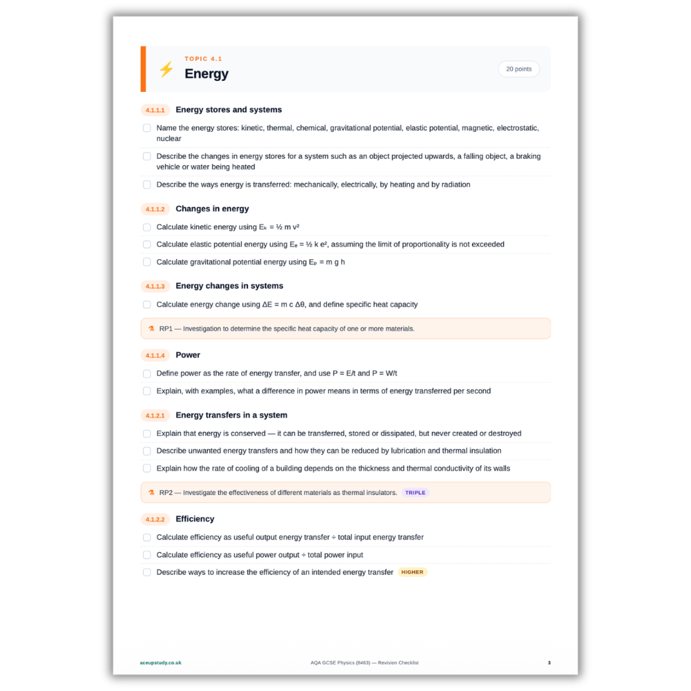 AQA GCSE Physics Revision Checklist