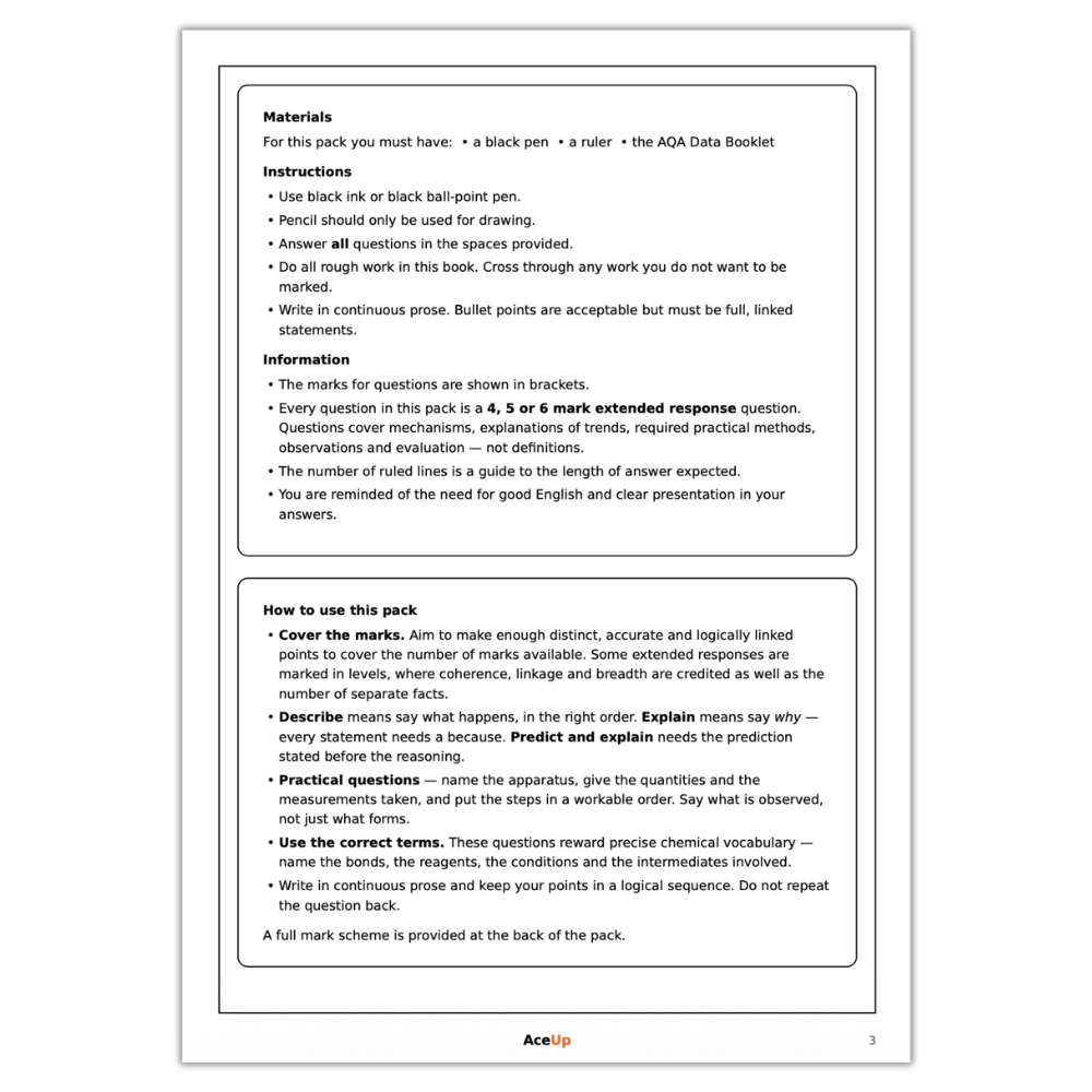 A-level AQA Chemistry Extended Response Exam Pack