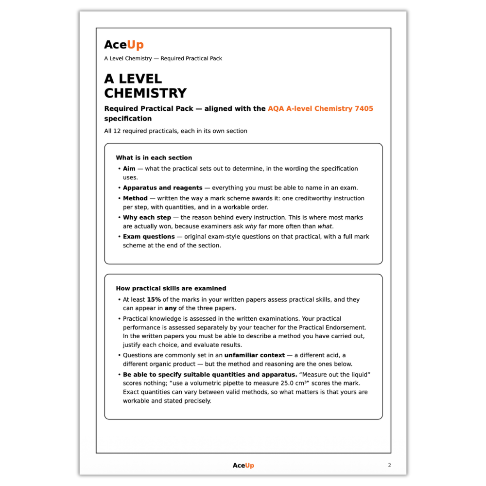 AQA A-Level Chemistry Required Practicals Revision & Exam Pack