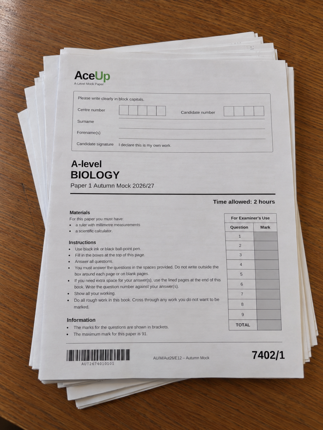 AceUp A-level Biology mock papers, printed from the PDF