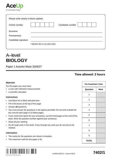 A-level AQA Biology Mock Paper 1 (2026/27) preview page 1