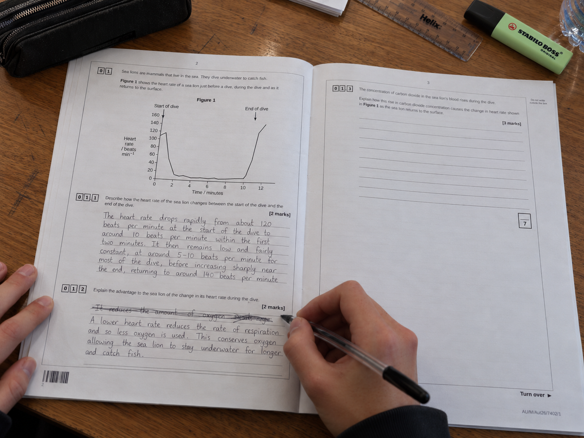 Student answering an AceUp A-level Biology mock paper