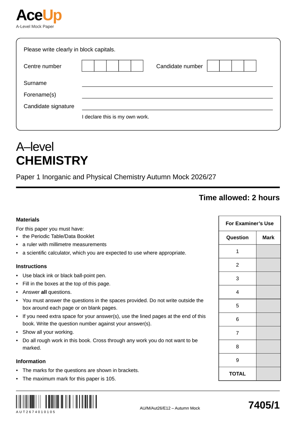 A-level AQA Chemistry Mock Paper 1 (2026/27) preview page 1