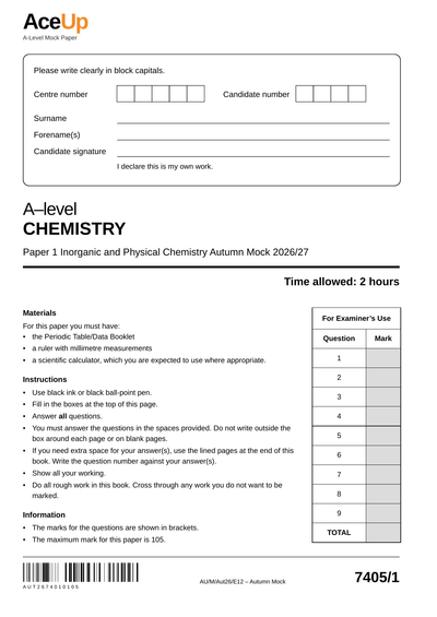A-level AQA Chemistry Mock Paper 1 (2026/27) preview page 1