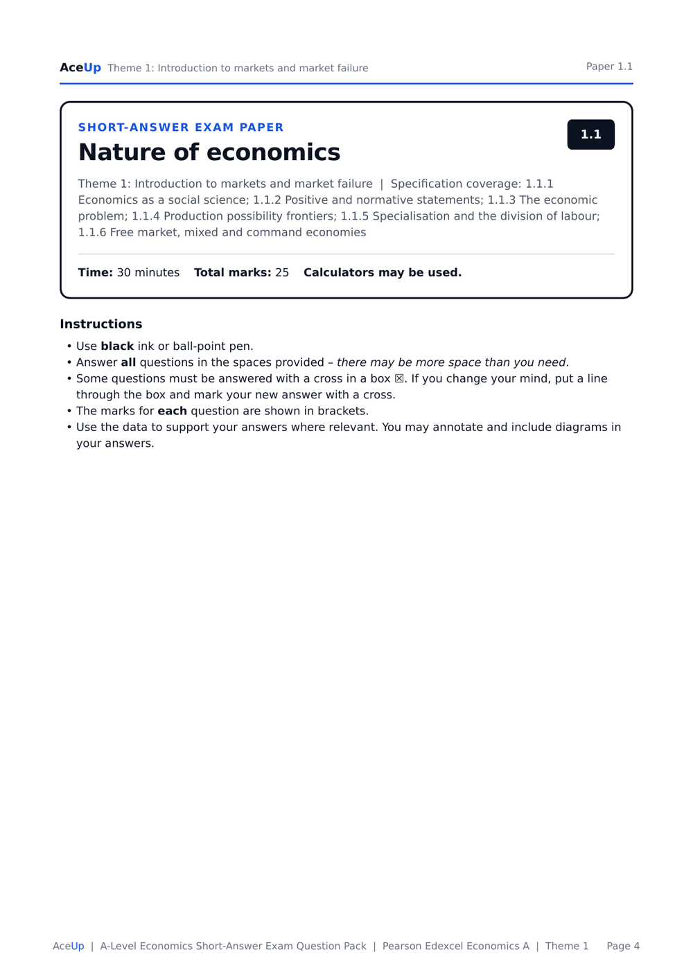 Edexcel A-Level Economics Theme 1 Short-Answer Exam Question Pack preview page 4