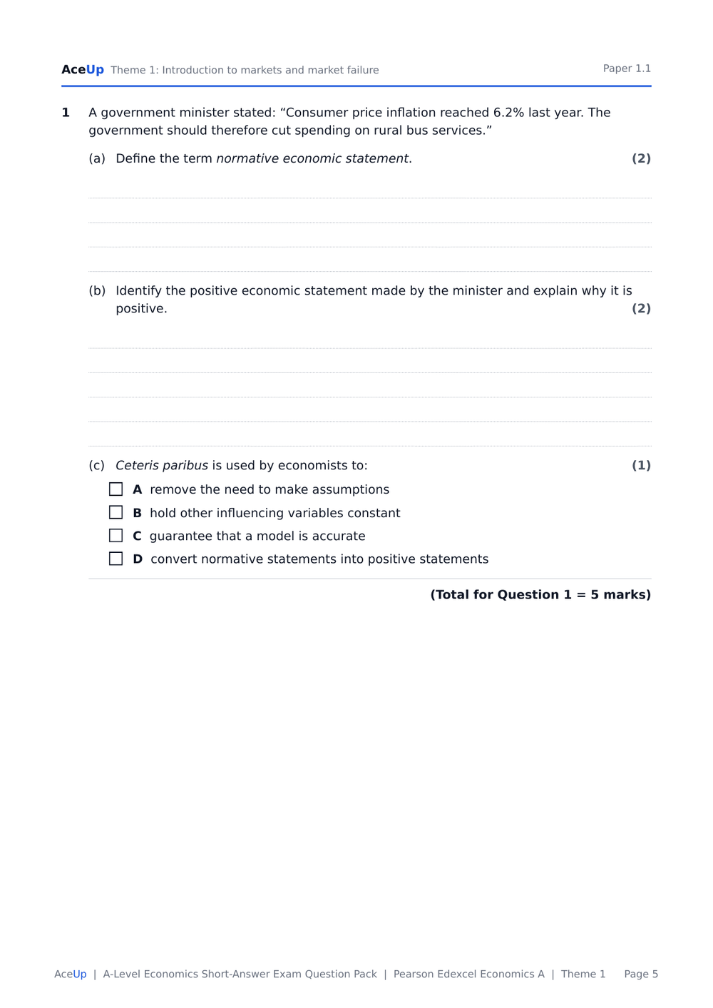Edexcel A-Level Economics Theme 1 Short-Answer Exam Question Pack preview page 5