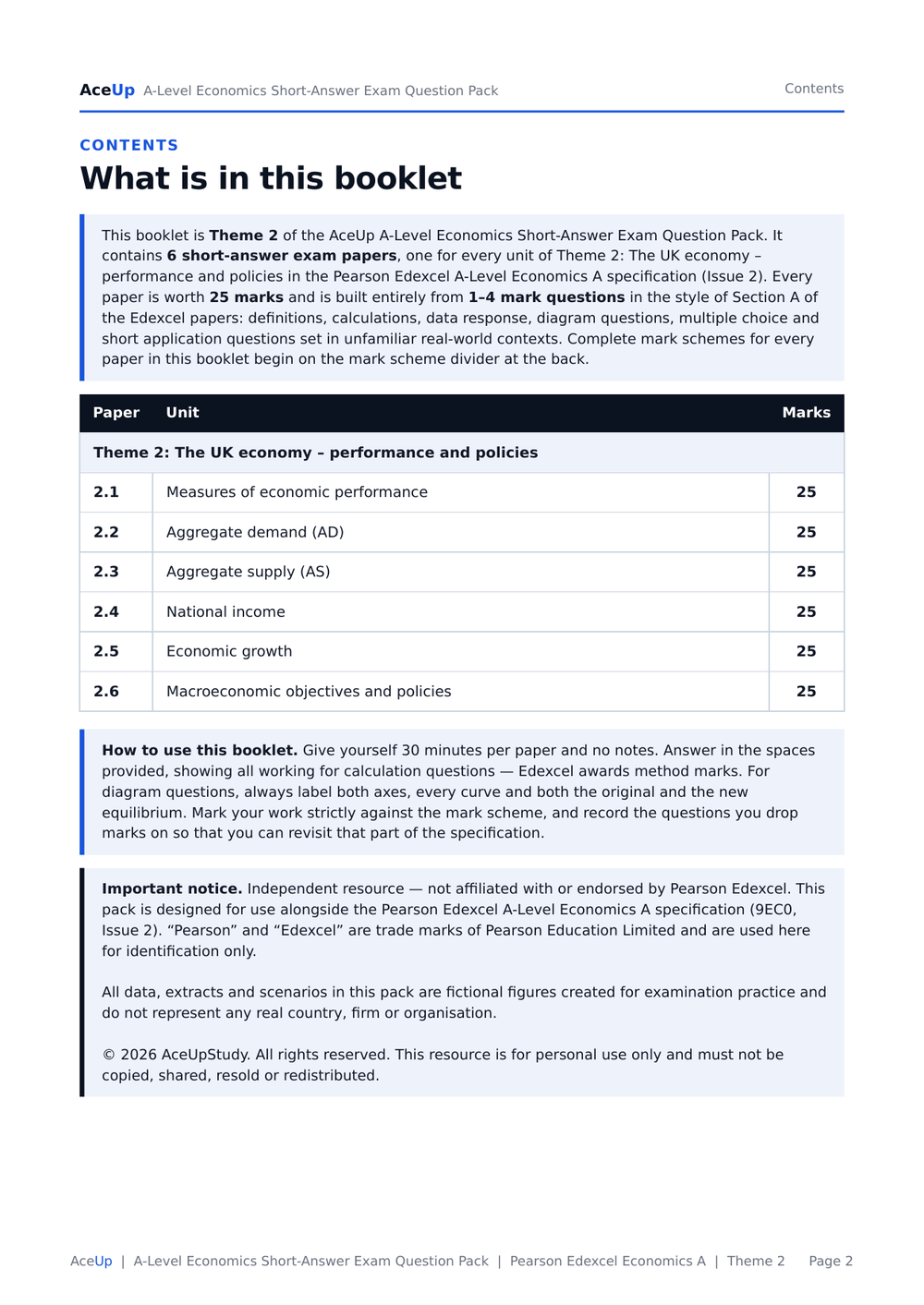 Edexcel A-Level Economics Theme 2 Short-Answer Exam Question Pack preview page 2